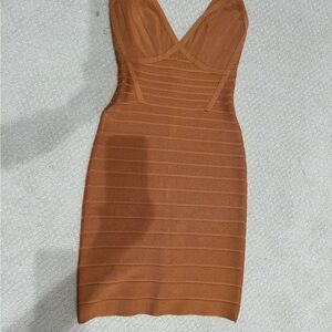 Herve Leger Icon Metallic Honey Plunge Neckline Dress.